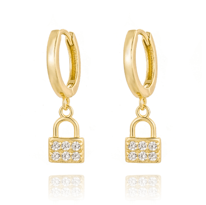 Pair of 925 Sterling Silver Gold PVD CZ Gem Lock Dangle Minimal Earrings - Pierced Universe