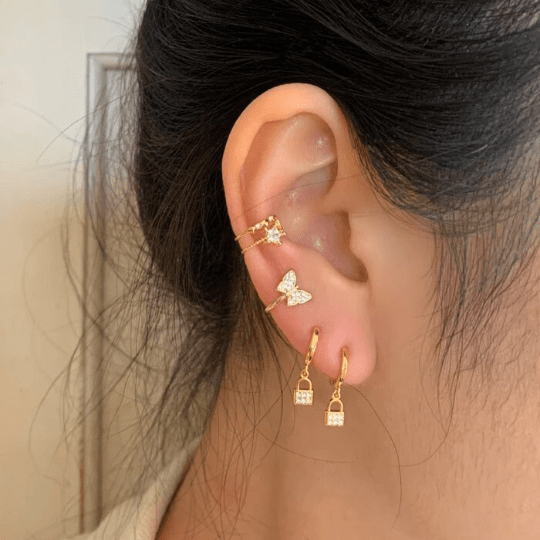 Pair of 925 Sterling Silver Gold PVD CZ Gem Lock Dangle Minimal Earrings - Pierced Universe