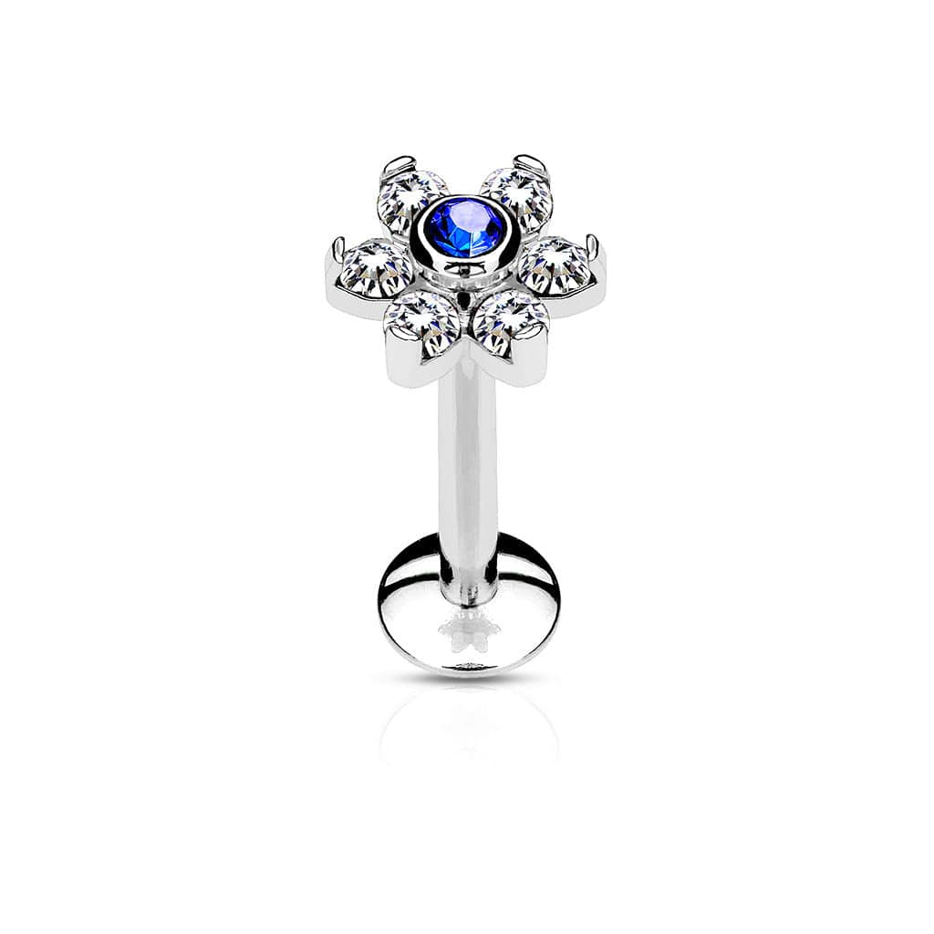 316L Surgical Steel 6 Gem Internally Threaded CZ Flower Flat Back Labret - Pierced Universe