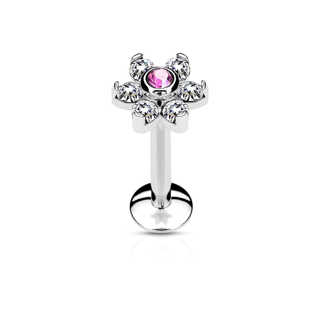 316L Surgical Steel 6 Gem Internally Threaded CZ Flower Flat Back Labret - Pierced Universe