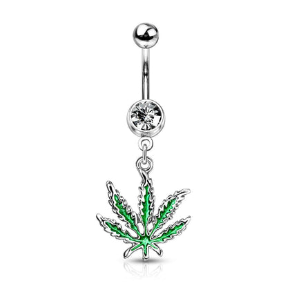 316L Surgical Steel Green PVD Weed Leaf Dangle Belly Ring - Pierced Universe