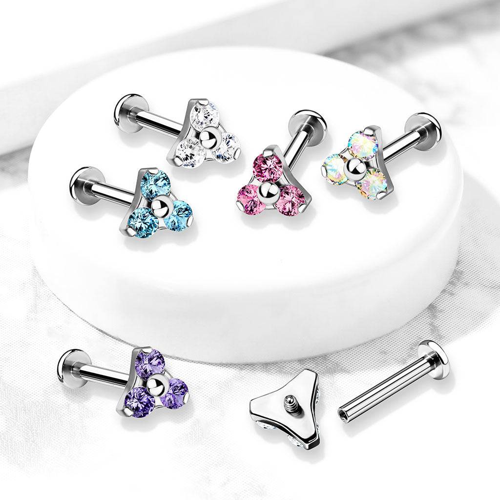 316L Surgical Steel Internally Threaded Pink Triangle CZ Labret