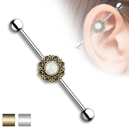 316L Surgical Steel Opal Glitter Filigree Tribal Boho Industrial Barbell