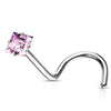 316L Surgical Steel Pink Square CZ Gem Corkscrew Nose Ring Stud - Pierced Universe