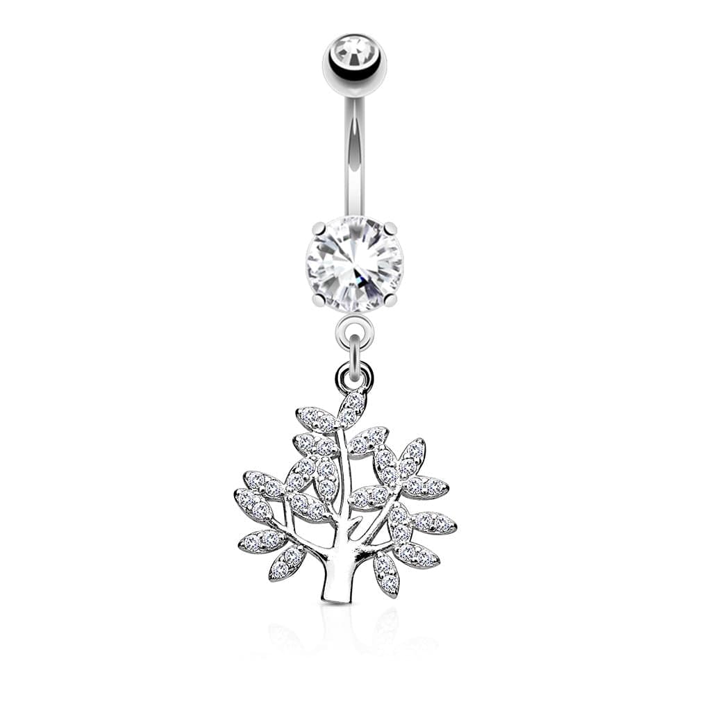 316L Surgical Steel Tree Of Life White CZ Dangle Belly Ring