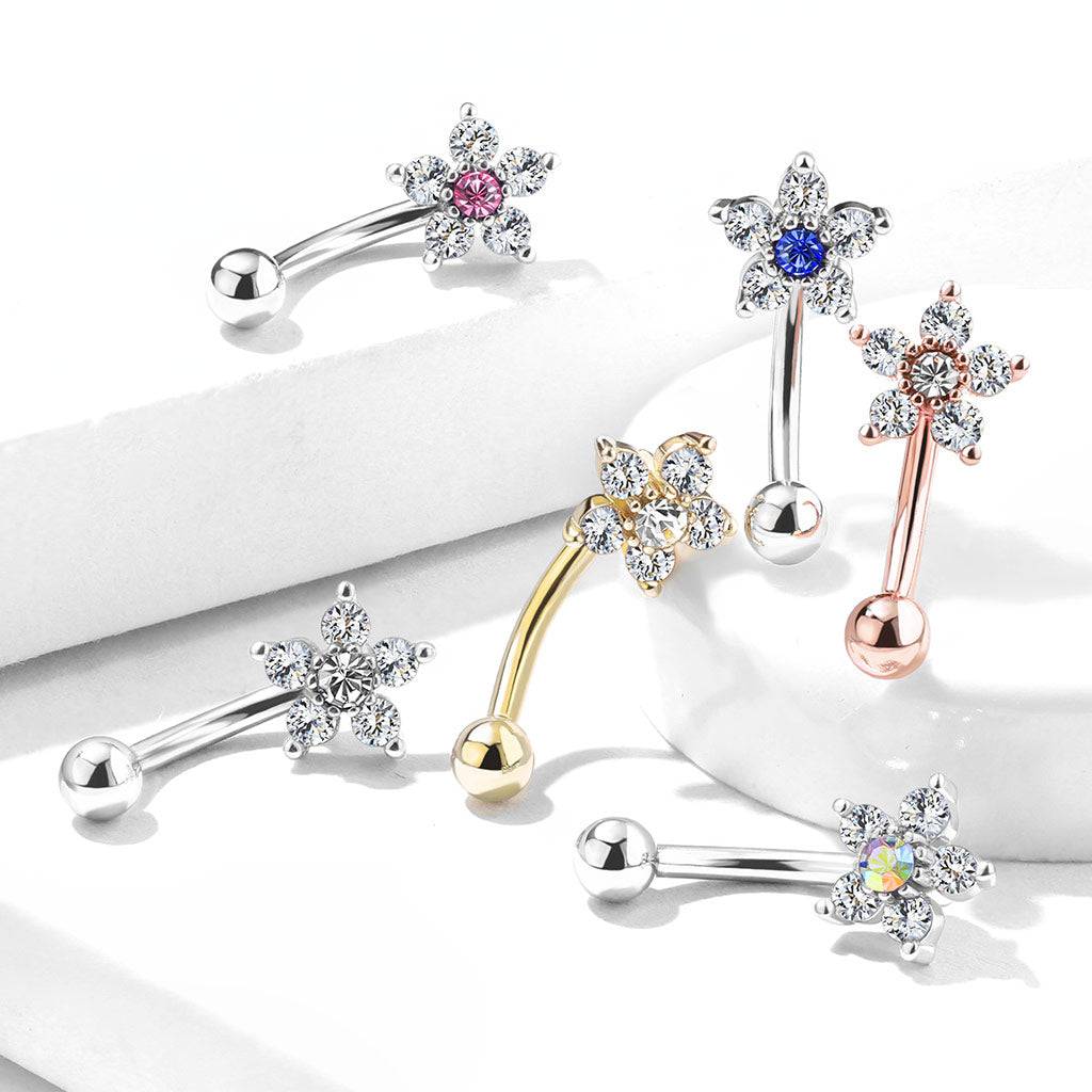 316L Surgical Steel White & Blue Flower Curved Barbell - Pierced Universe