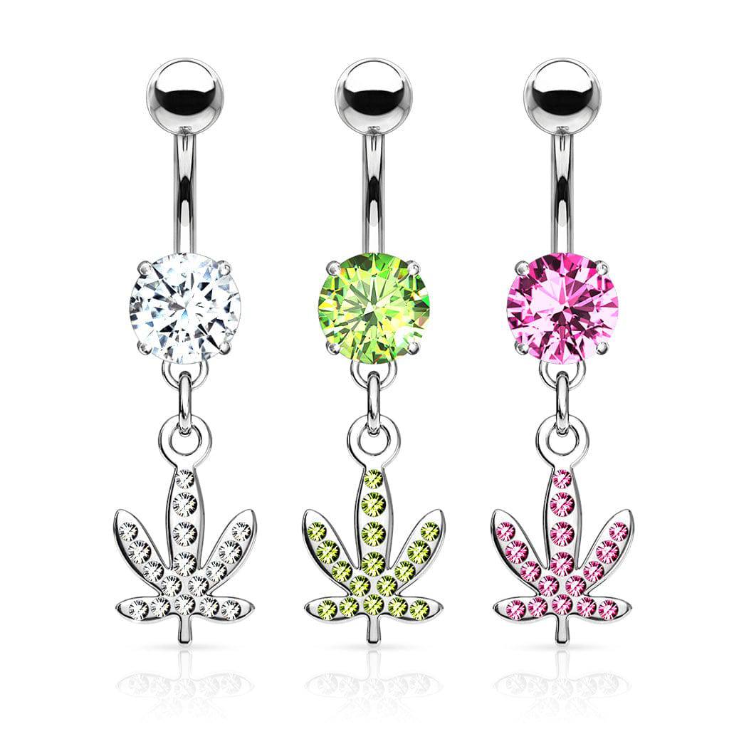 316L Surgical Steel White CZ Weed Leaf Dangle Belly Ring