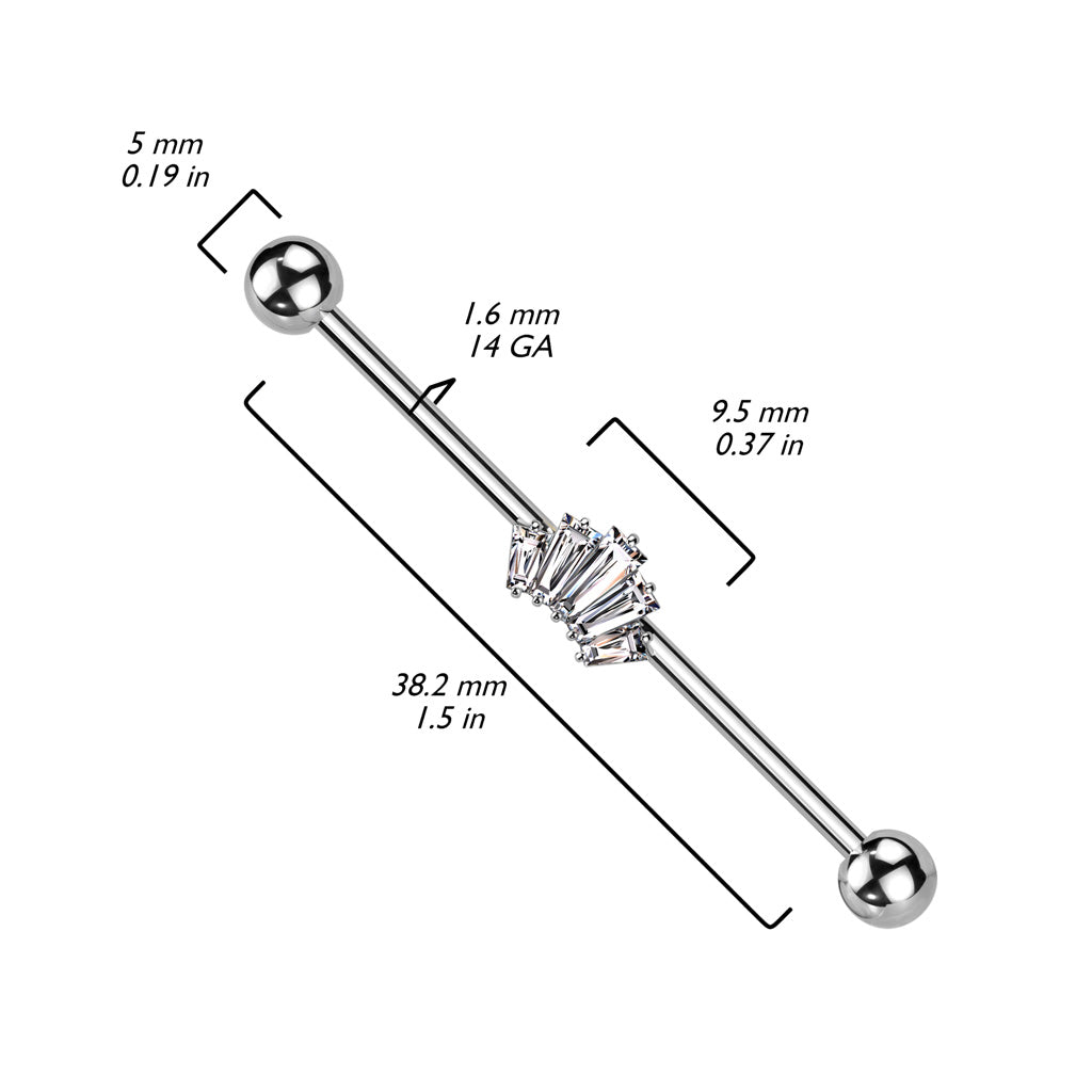316L Surgical Steel White CZ 5 Gem Baguette Industrial Barbell