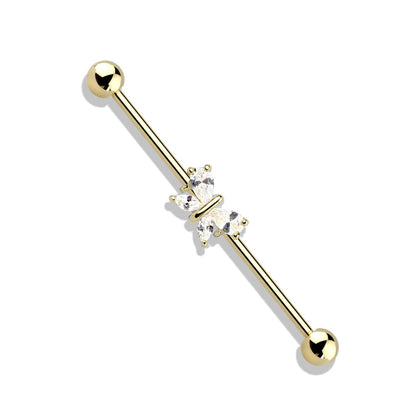 316L Surgical Steel Gold PVD White CZ Gem Butterfly Industrial Barbell - Pierced Universe