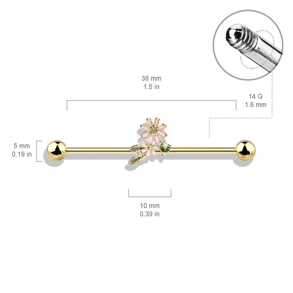316L Surgical Steel Rose Gold PVD Green CZ Gem With Flowers Industrial Barbell
