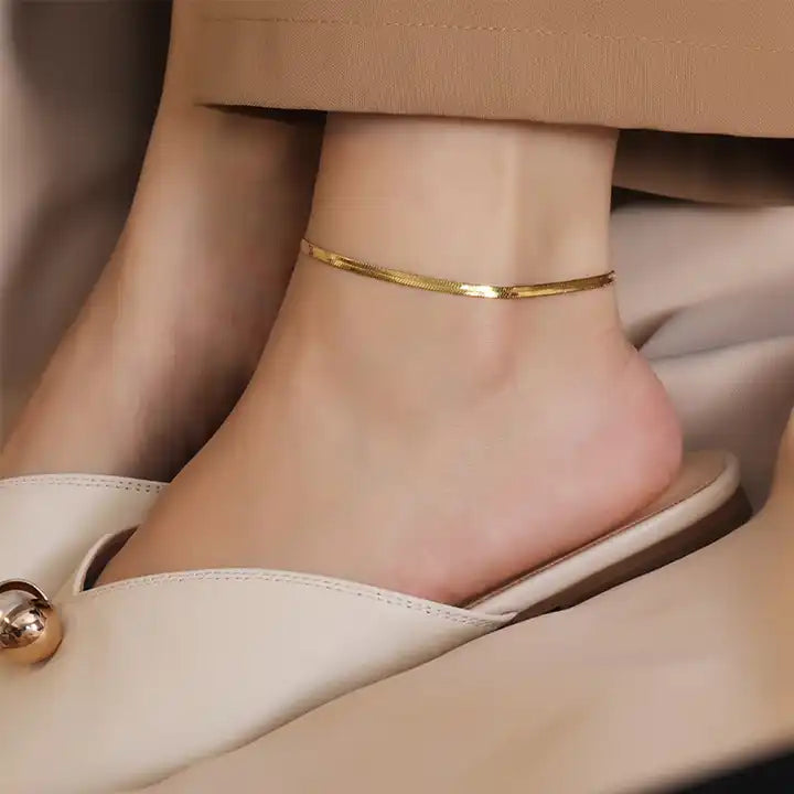 Stainless Steel Gold PVD Flat Snake Chain Link Anklet