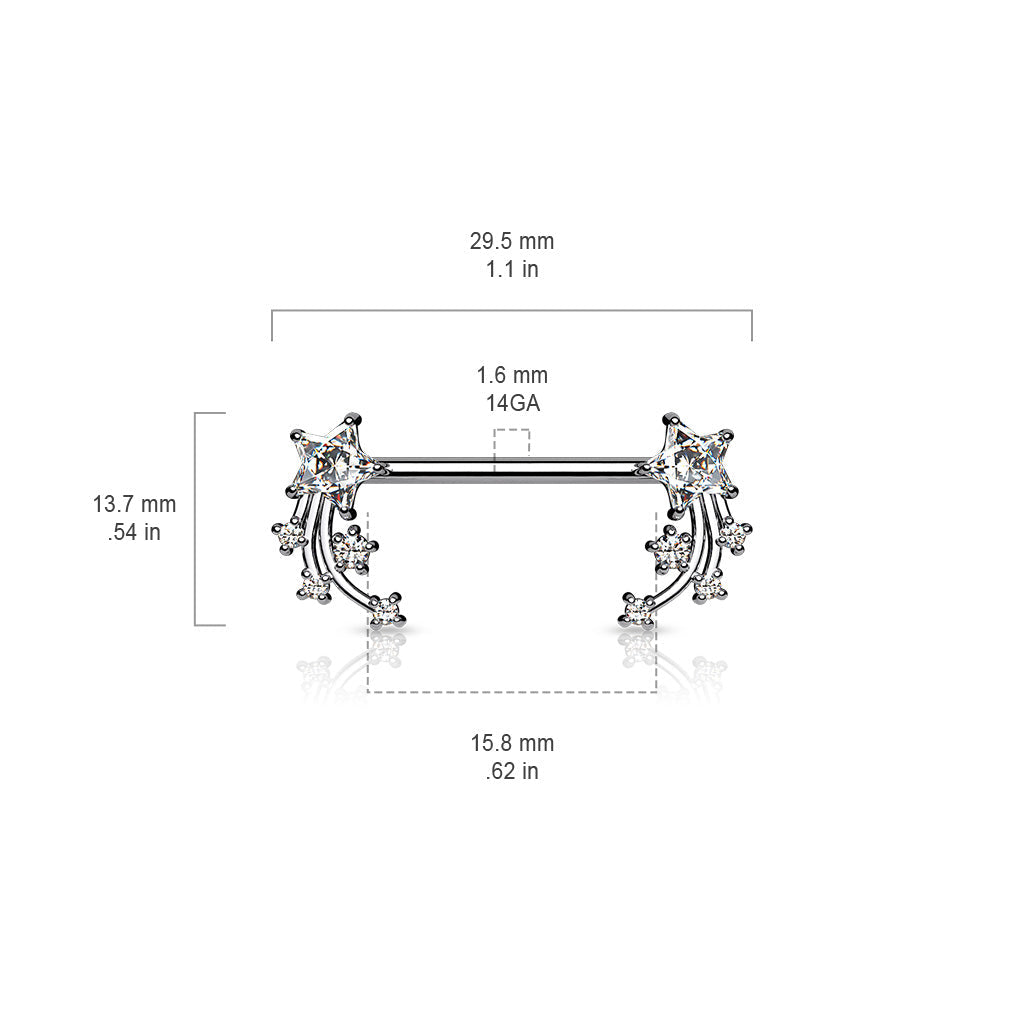 316L Surgical Steel Aqua & White CZ Shooting Star Nipple Ring Straight Barbell
