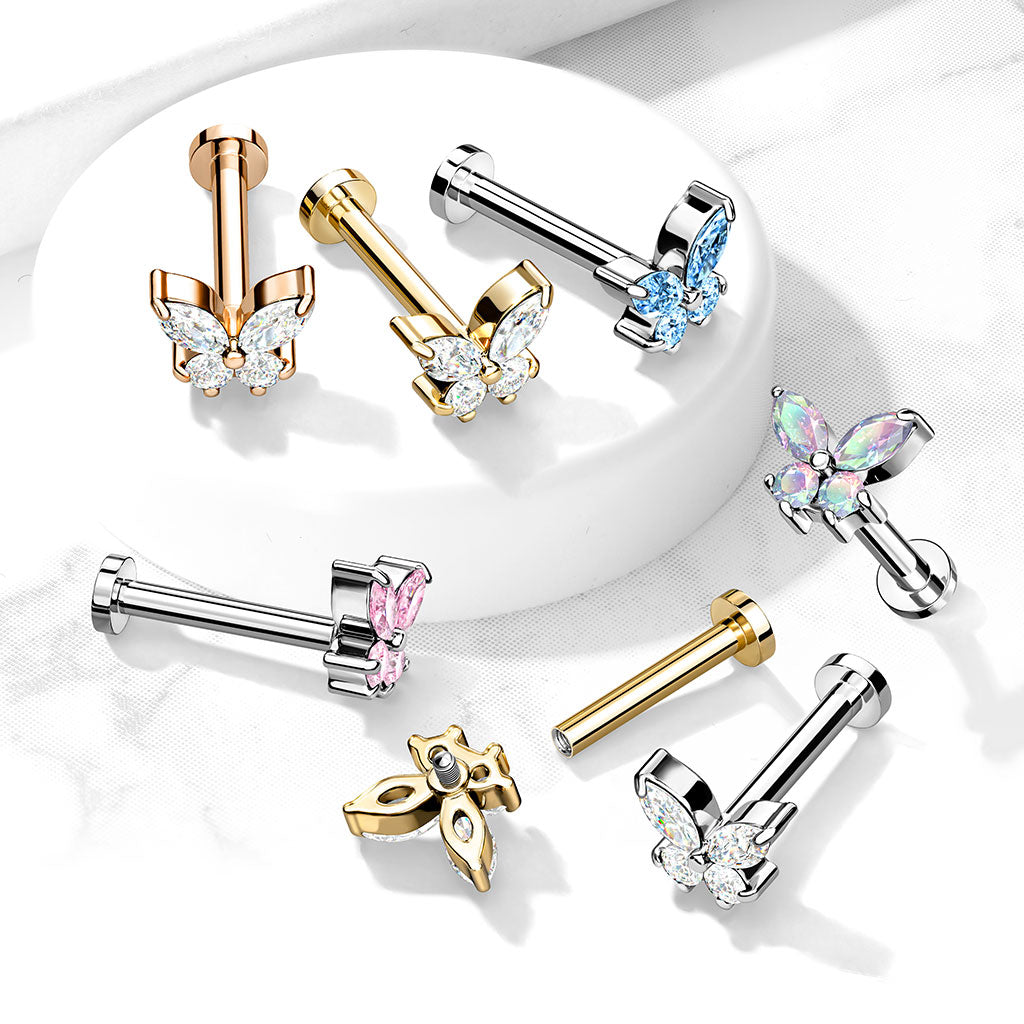 316L Surgical Steel Pink CZ Dainty Butterfly Flat Back Labret