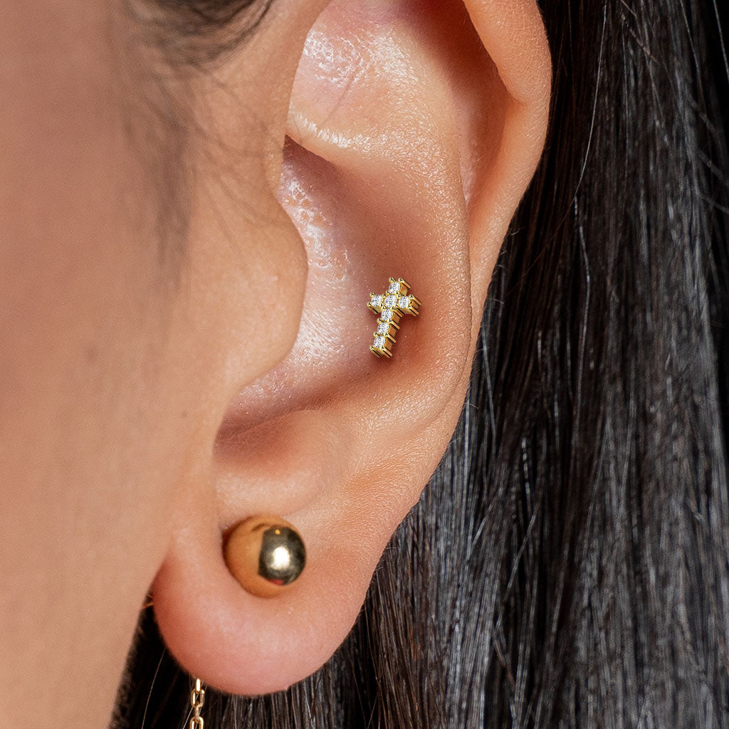 316L Surgical Steel Rose Gold PVD White CZ Dainty Internally Threaded Cross Flat Back Labret