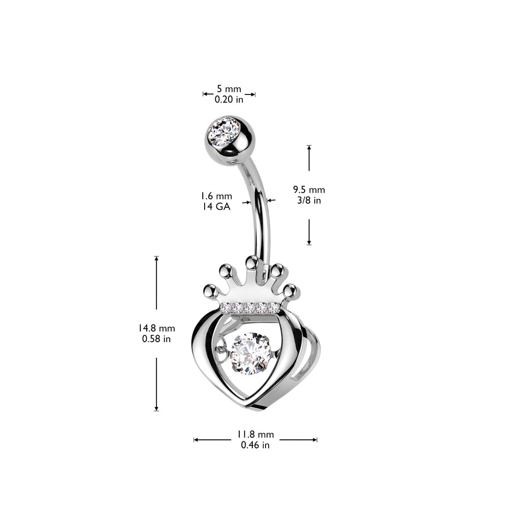 316L Surgical Steel White CZ Claddagh Crown Heart Shaped Belly Ring - Pierced Universe