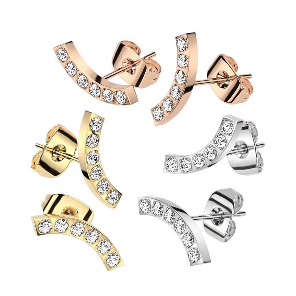 Pair of 316L Surgical Steel Curved White CZ Gem Earring Studs - Pierced Universe