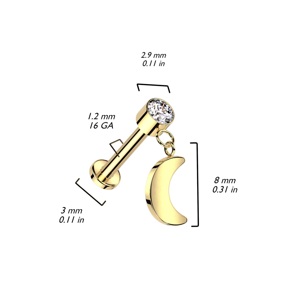Implant Grade Titanium White CZ Crescent Moon Dangle Flat Back Labret