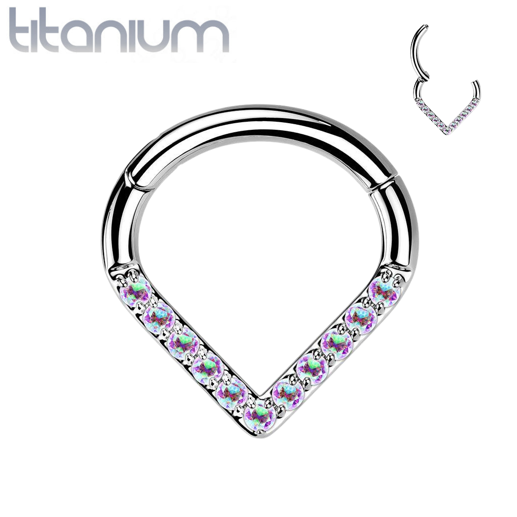 Implant Grade Titanium V Shaped Septum Ring Clicker Hoop Aurora Borealis CZ Gems - Pierced Universe