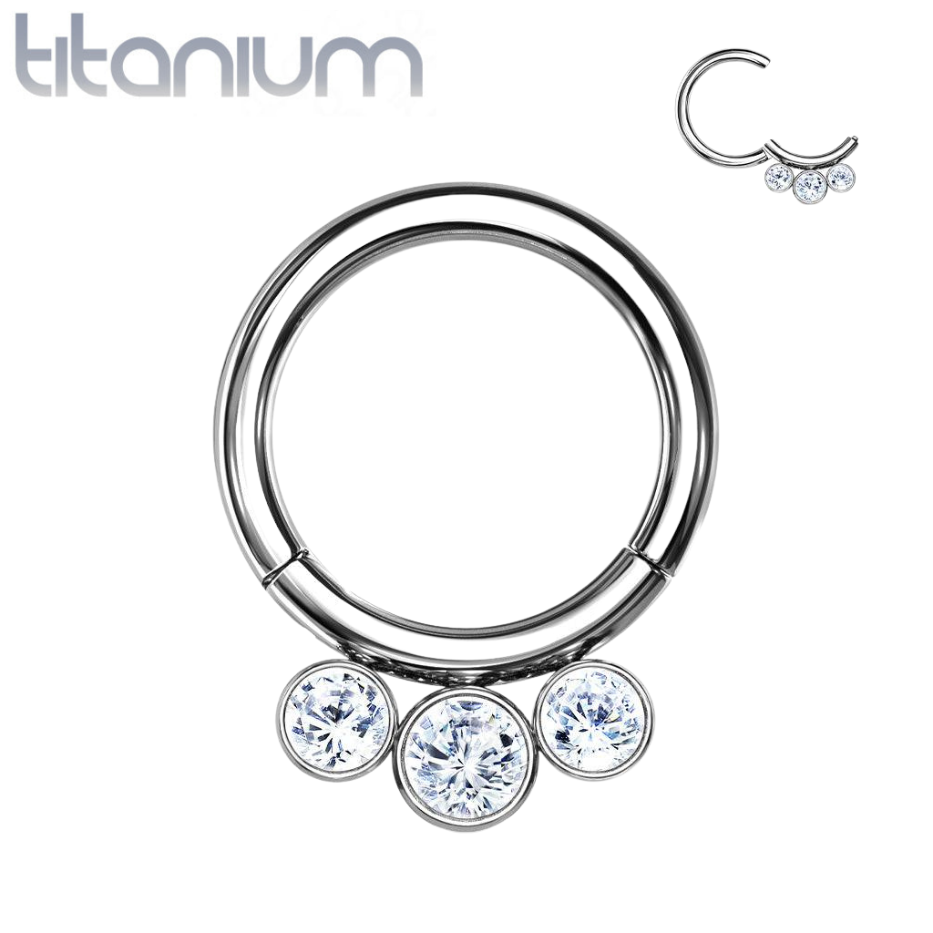 Implant Grade Titanium White CZ Bezel Septum Cartilage Daith Hinged Clicker - Pierced Universe