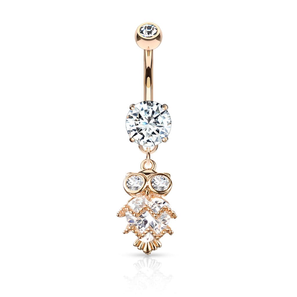 Cute Small CZ Dangle Owl Rose Gold PVD Surgical Steel Belly Ring - Pierced Universe
