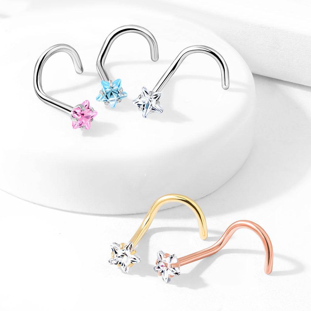 Gold Plated Surgical Steel White CZ Star Corkscrew Nose Ring Stud - Pierced Universe