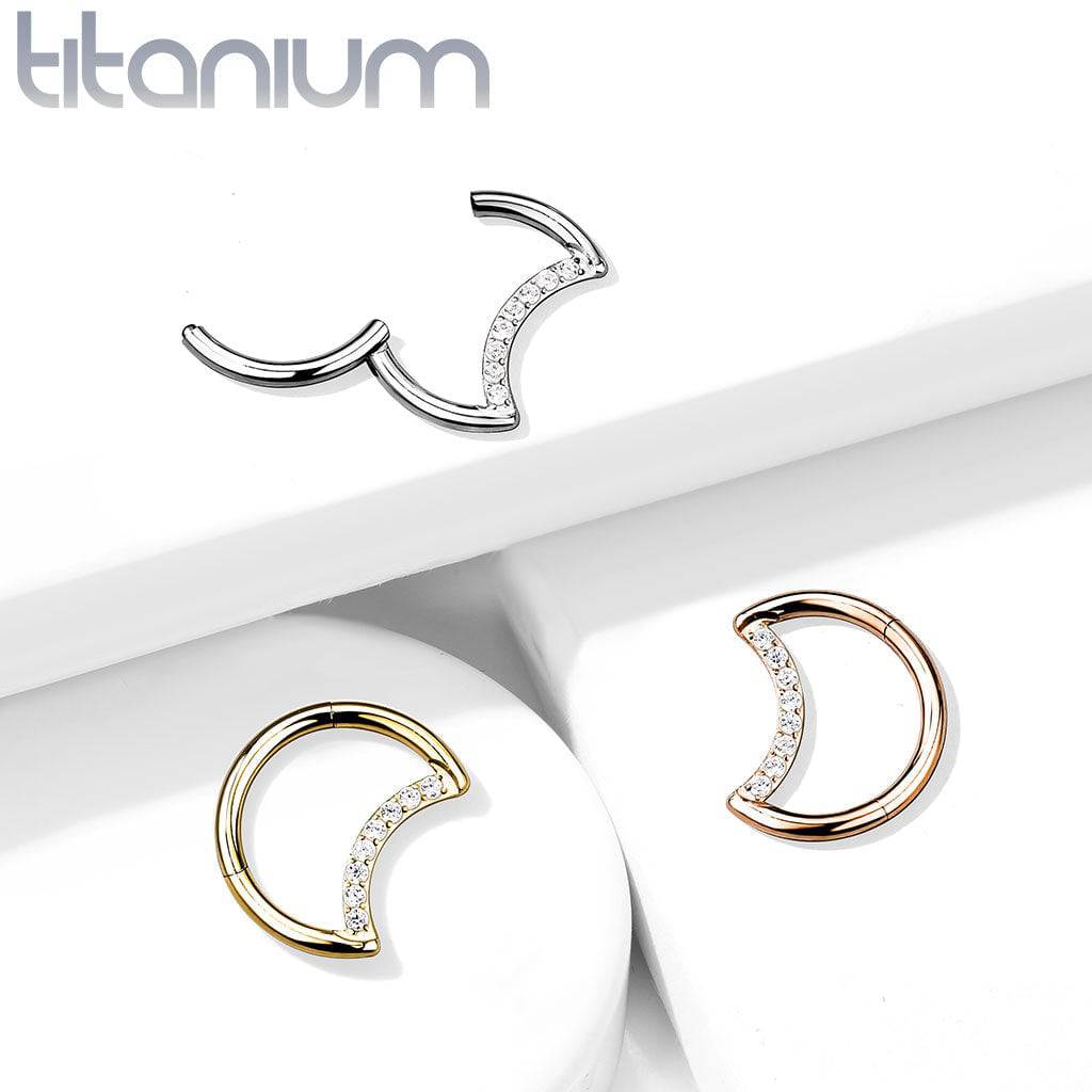Implant Grade Titanium Crescent Moon White CZ Hinged Clicker Hoop Daith Cartilage Ring - Pierced Universe