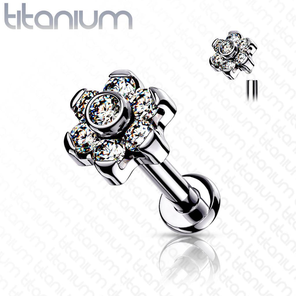 Implant Grade Titanium Internally Threaded White CZ Flower Flat Back - Pierced Universe