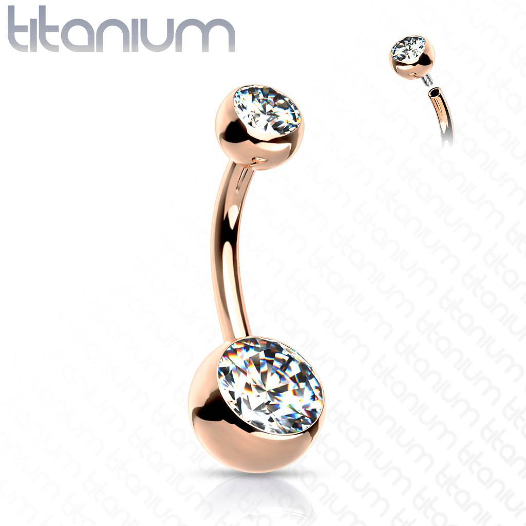 Implant Grade Titanium Rose Gold PVD Double Ball White CZ Gem Belly Ring - Pierced Universe