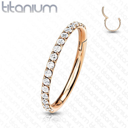 Implant Grade Titanium Rose Gold PVD Easy Hinged White CZ Pave Clicker Hoop - Pierced Universe