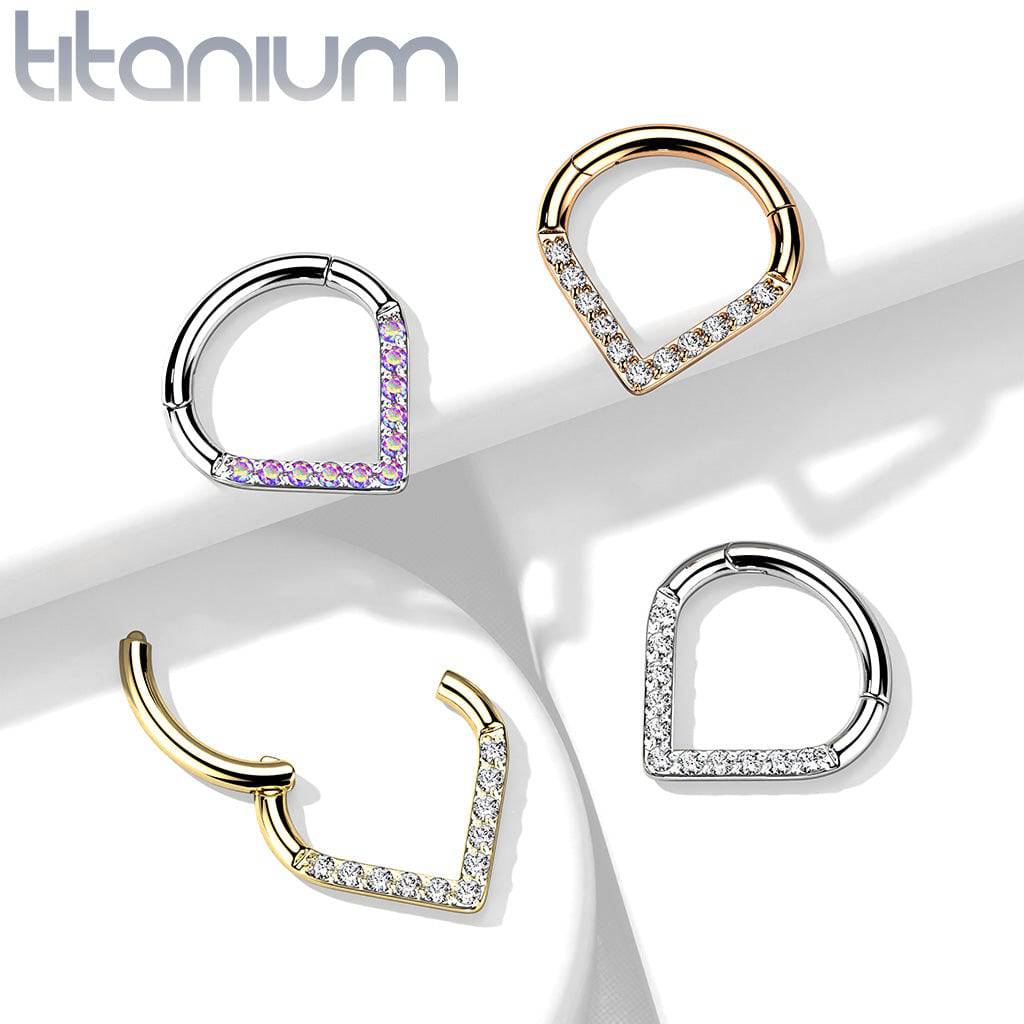 Implant Grade Titanium V Shaped Septum Ring Clicker Hoop Aurora Borealis CZ Gems - Pierced Universe