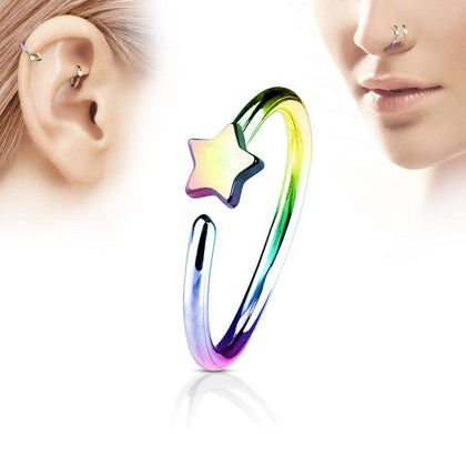 Multi Color IP on 316L Surgical Steel Nose Hoop Ring with Small Star - Pierced Universe