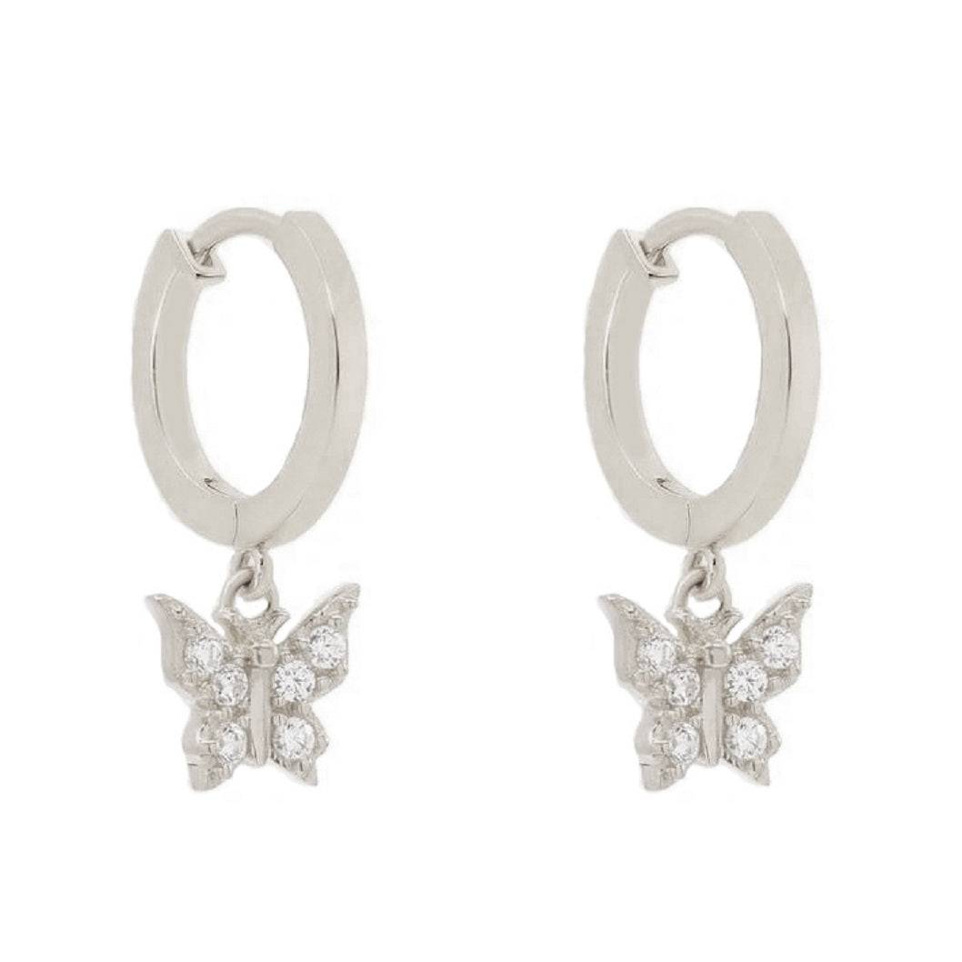 Pair of 925 Sterling Silver Diamond CZ Butterfly Dangle Minimal Hoop Earrings - Pierced Universe