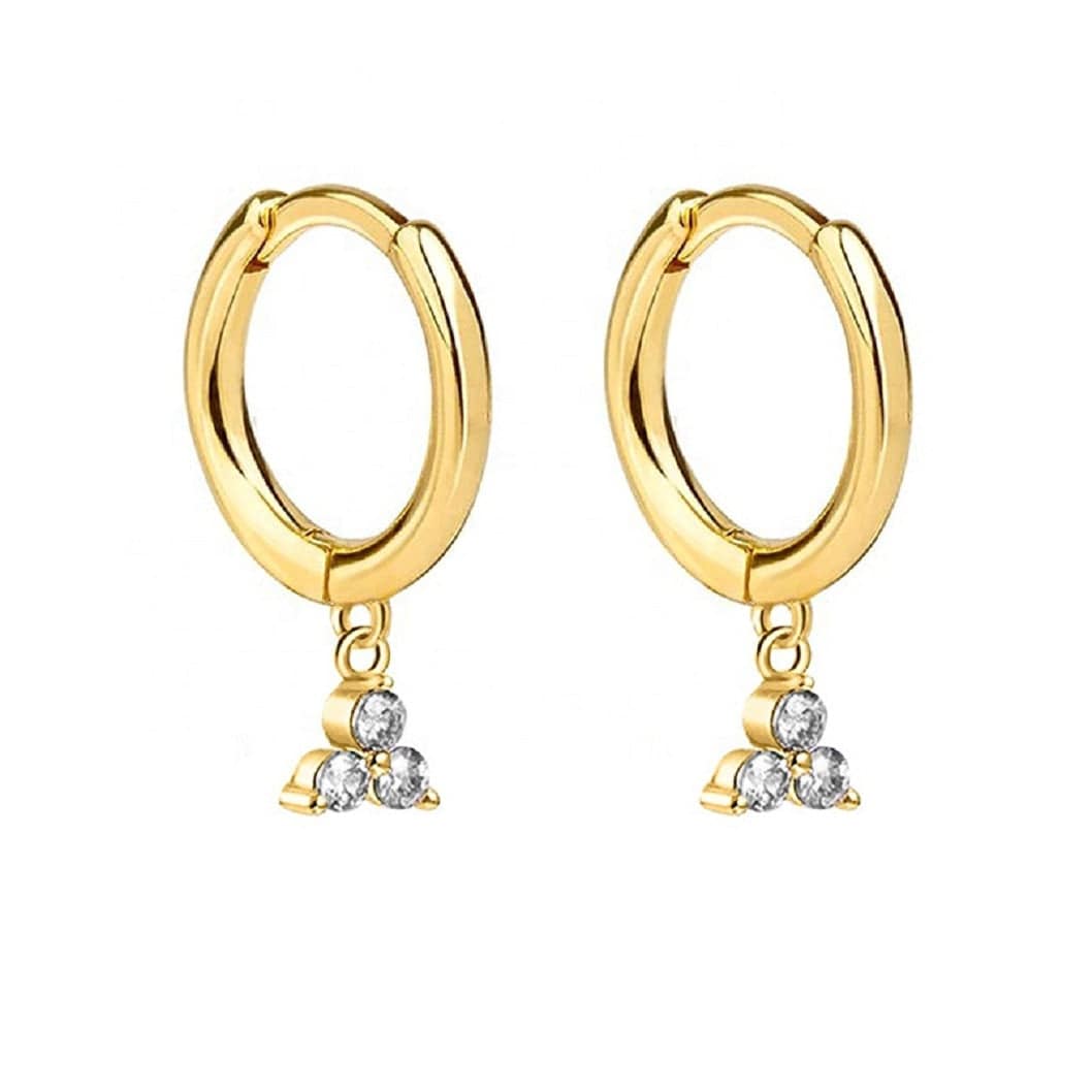 Pair of 925 Sterling Silver Gold PVD Diamond CZ Trillium Dangle Minimal Hoop Earrings (Silver & Gold In Drop Down!)