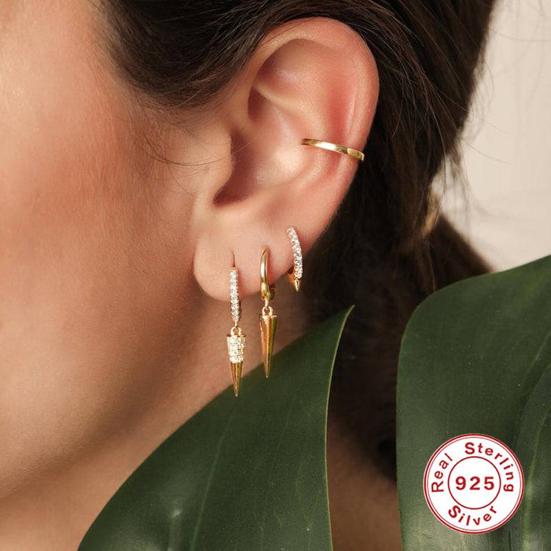 Pair Of 925 Sterling Silver Simple Hoop With Spike Dangle Minimal Hoop Earrings - Pierced Universe