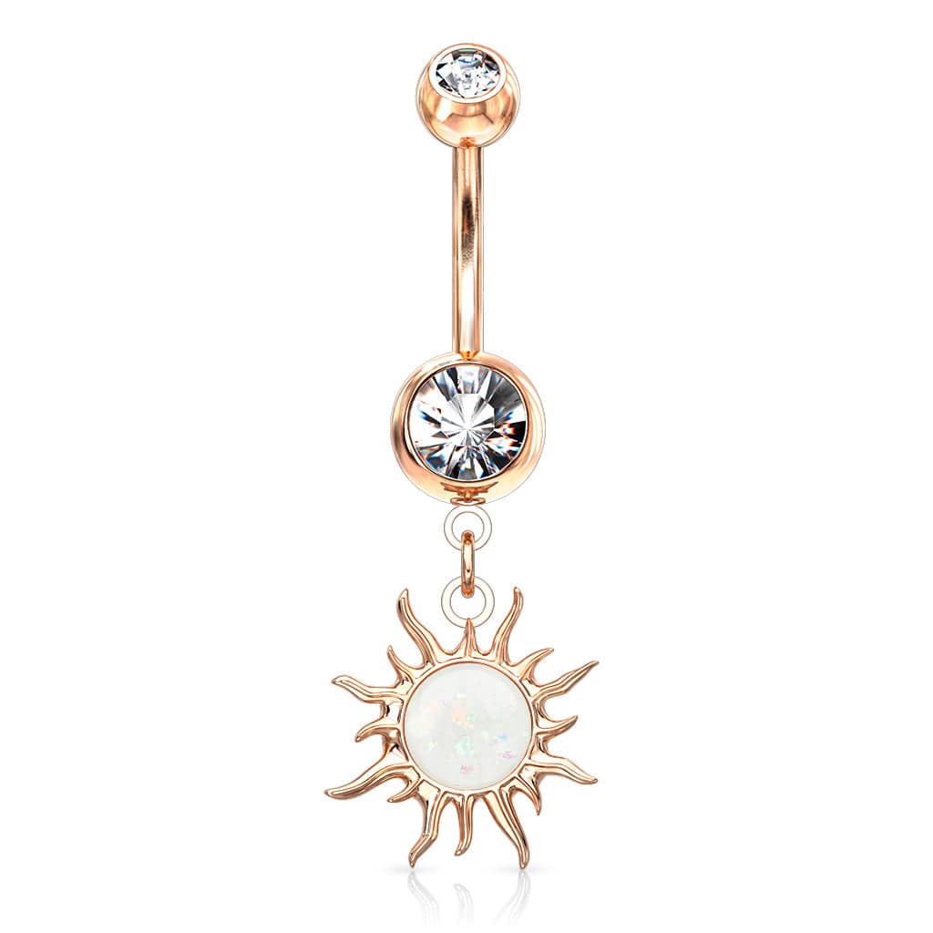 Rose Gold Plated Surgical Steel White Glitter Opal Tribal Sun Belly Button Ring - Pierced Universe
