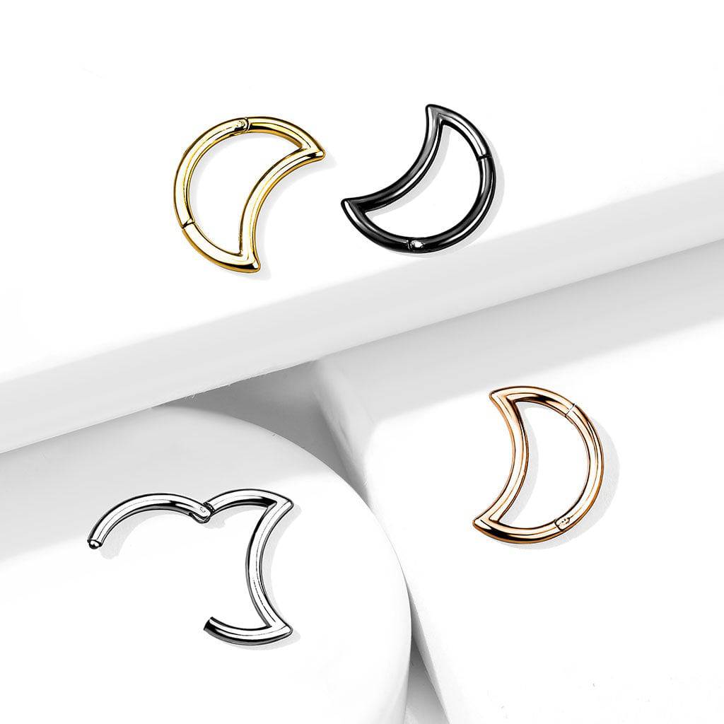 Surgical Steel Black PVD Crescent Moon Hinged Clicker Hoop Daith Cartilage Ring - Pierced Universe