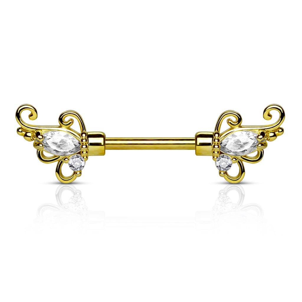 Surgical Steel Wing Filigree CZ Nipple Ring Barbell - Pierced Universe