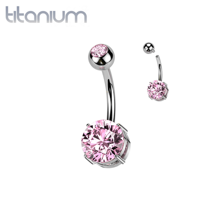 Implant Grade Titanium Pink CZ Basic Internally Threaded Belly Ring - Pierced Universe