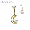 Implant Grade Titanium Gold PVD White CZ Crescent Moon Internally Threaded Belly Ring