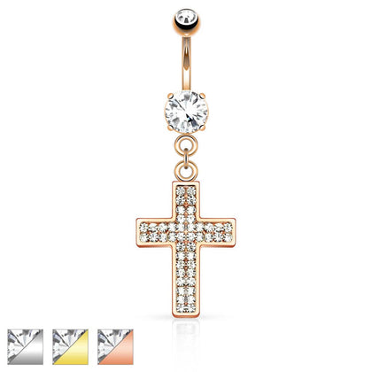 316L Surgical Steel Micro Paved CZ Jesus Crucifix Cross Dangle Belly Ring - Pierced Universe