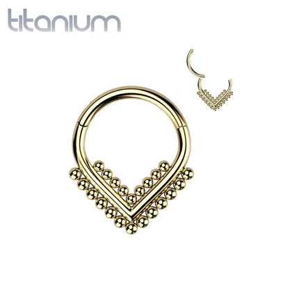 Implant Grade Titanium Gold PVD Beaded Tribal V Shaped Hinged Clicker Hoop - Pierced Universe