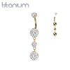 Implant Grade Titanium Gold PVD White CZ Internally Threaded Multi Gem Dangle Belly Ring
