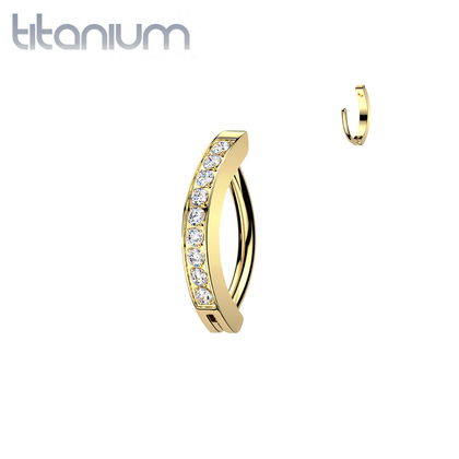 Implant Grade Titanium Gold PVD White CZ Pave Gem Hinged Clicker 16ga Curved Barbell