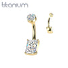 Implant Grade Titanium Gold PVD White CZ Rectangle Clawed Internally Threaded Belly Ring