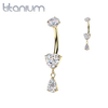 Implant Grade Titanium Gold PVD White CZ Heart Gem Teardrop Dangle Belly Ring