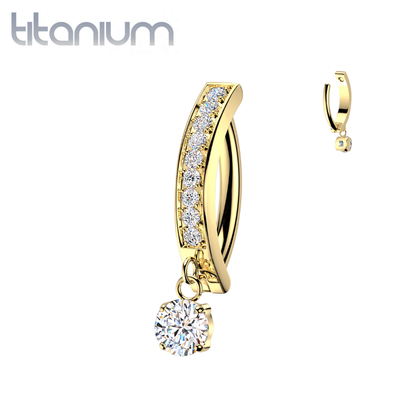 Implant Grade Titanium Gold PVD White CZ Circle Dangle Hinged Clicker Belly Ring