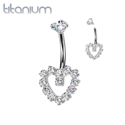 Implant Grade Titanium White CZ Gem Heart Internally Threaded Belly Ring