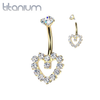 Implant Grade Titanium Gold PVD White CZ Gem Heart Internally Threaded Belly Ring