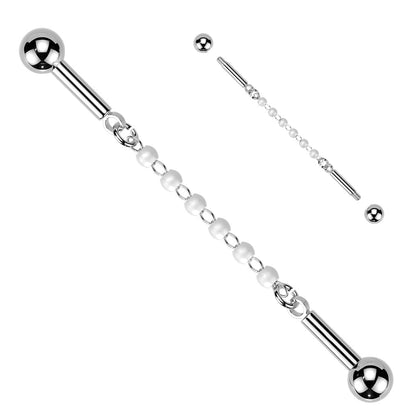 316L Surgical Steel White Pearl Chain Flexible Industrial Barbell - Pierced Universe