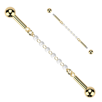 316L Surgical Steel Gold PVD White Pearl Chain Flexible Industrial Barbell